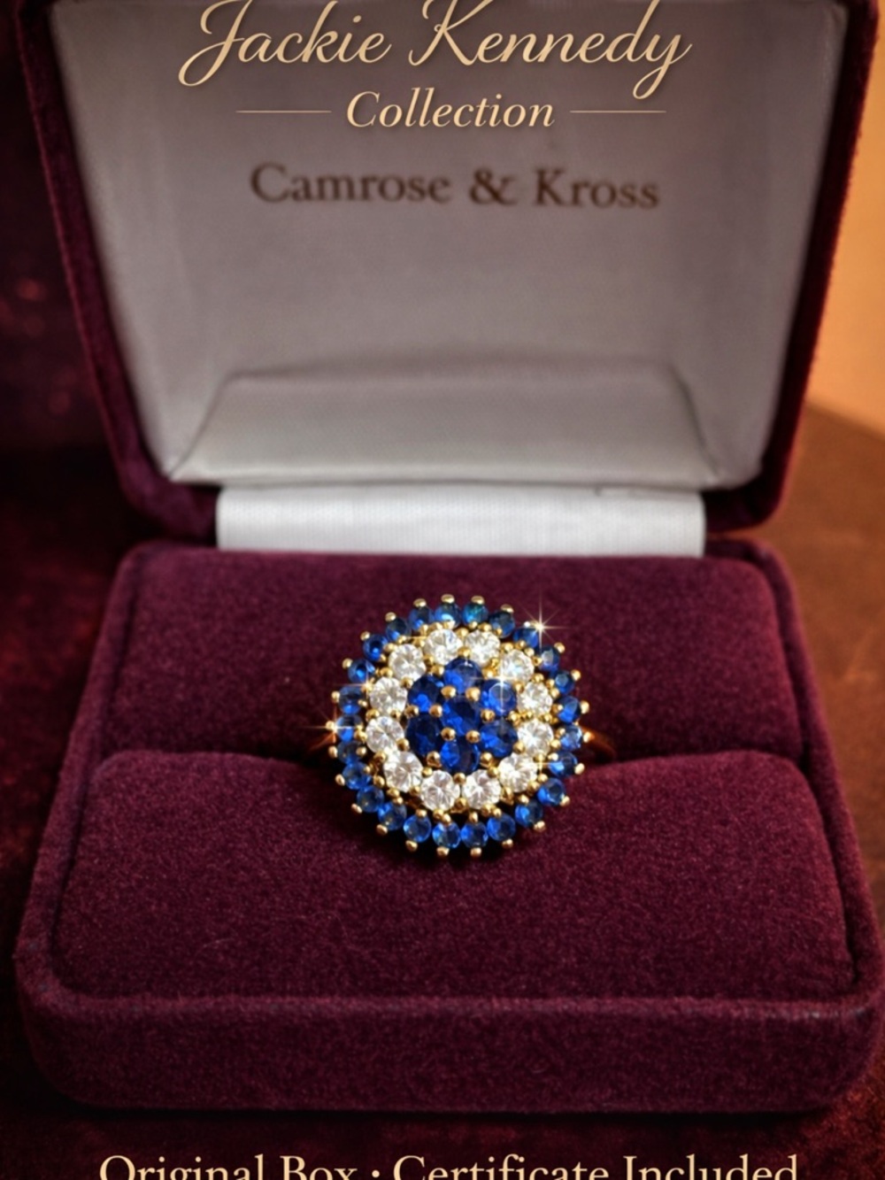 Jackie Kennedy Camrose & Kross Blue Crystal Ring w/ Box COA Vintage Statement